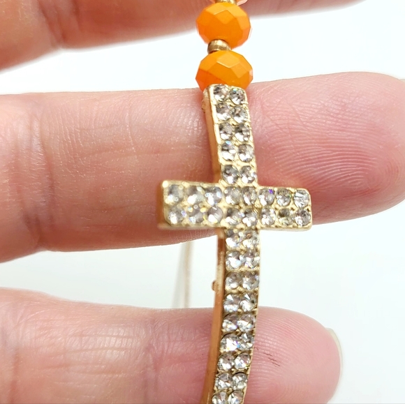 Stunning Orange and Gold Rhinestones Cross Bracelet - Picture 2 of 6